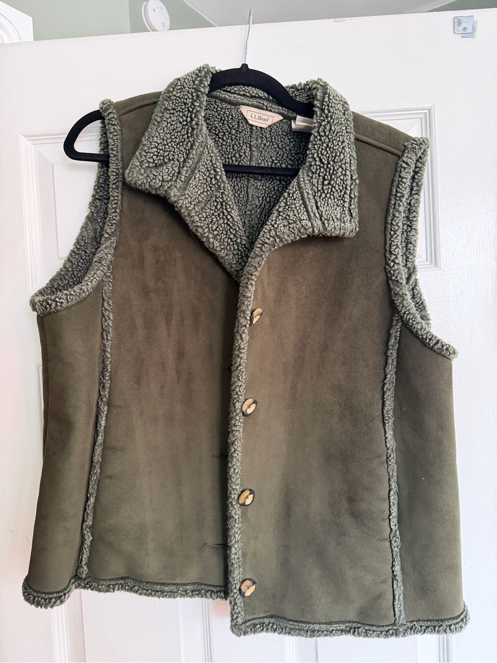 L.L. Bean Olive Green Sherpa Trim Button-Front Vest